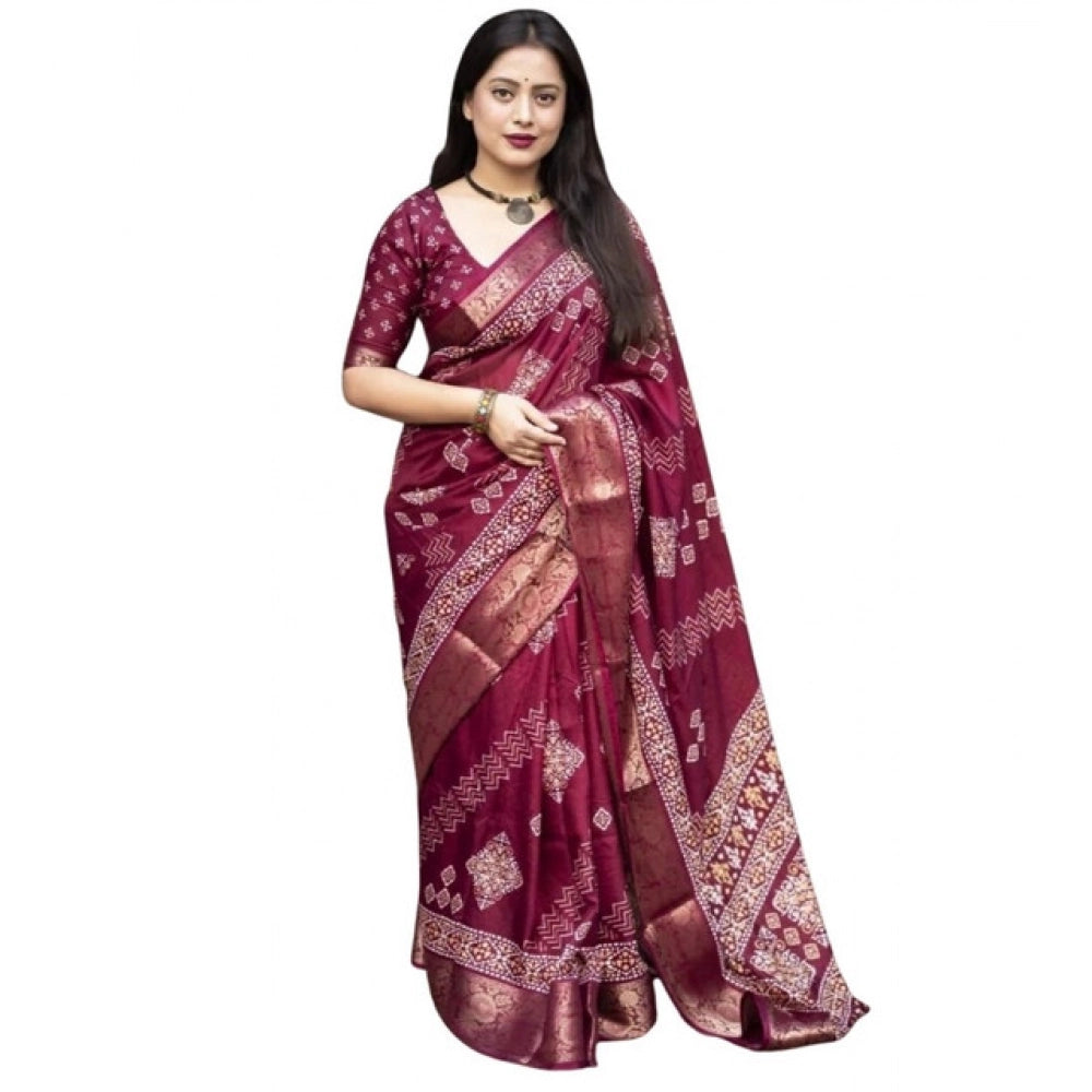 Generic Women's Cotton Silk Printed Saree With Unstitched Blouse 5.5Mtr (Wine)