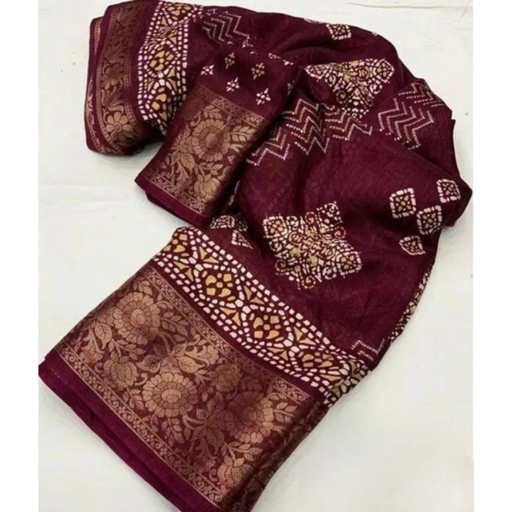 Generic Women's Cotton Silk Printed Saree With Unstitched Blouse 5.5Mtr (Wine)