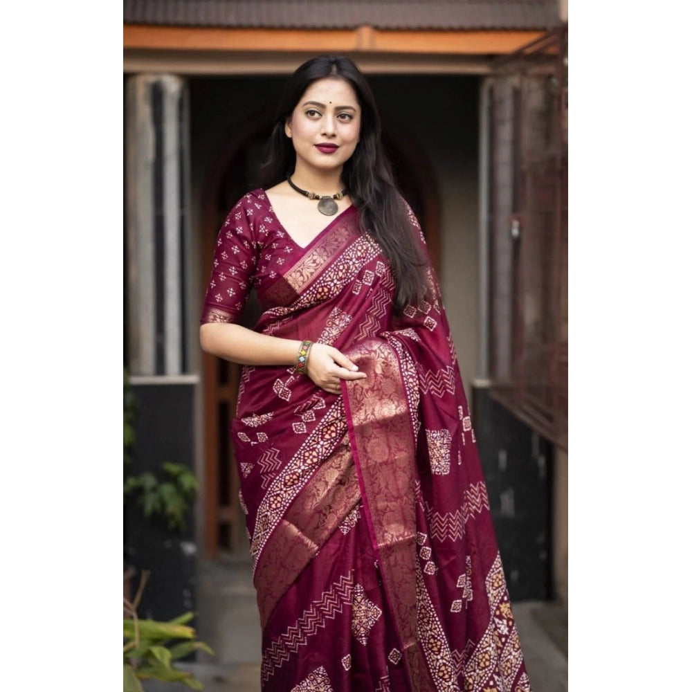 Generic Women's Cotton Silk Printed Saree With Unstitched Blouse 5.5Mtr (Wine)