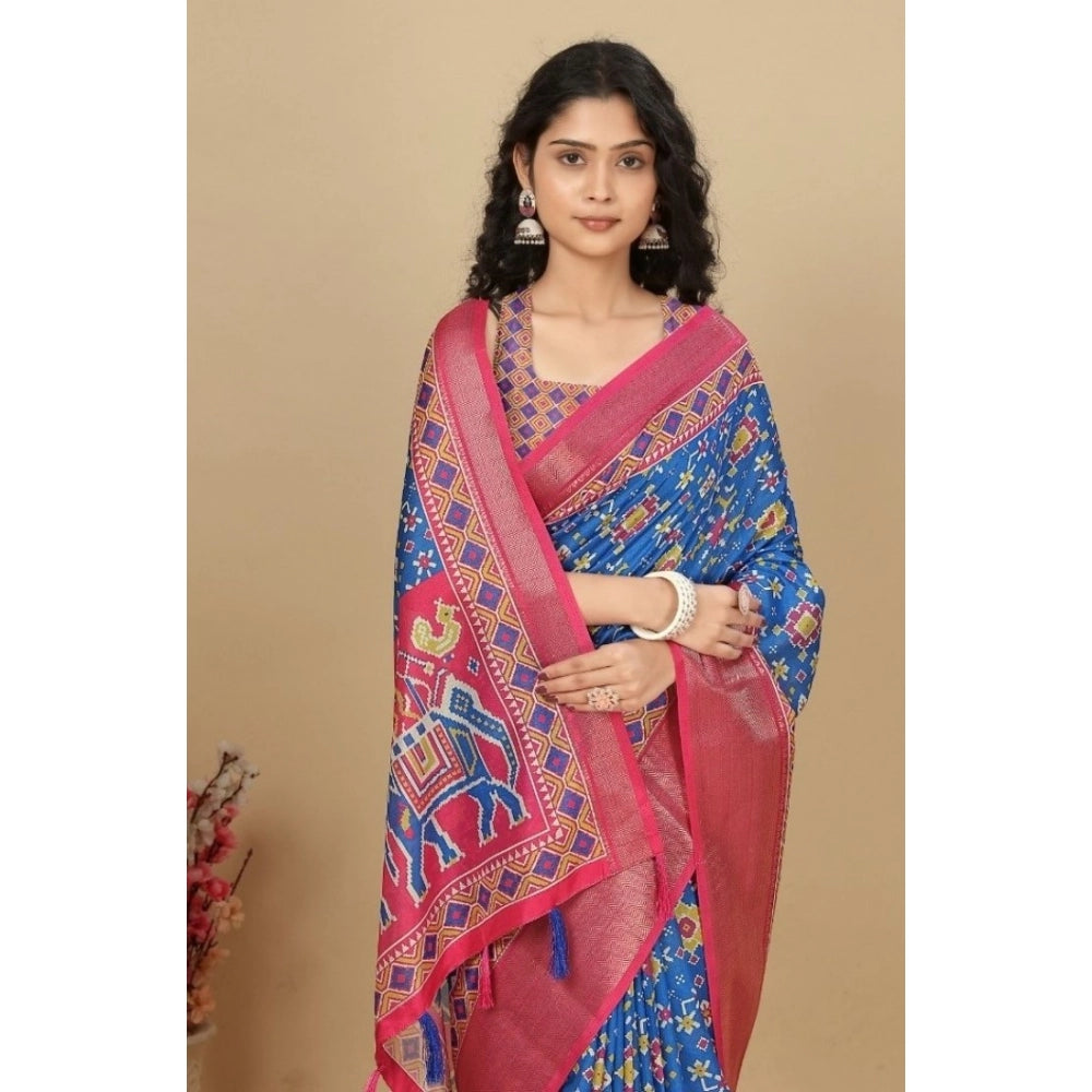 Generic Women's Cotton Silk Printed Saree With Unstitched Blouse 5.5Mtr (Blue)