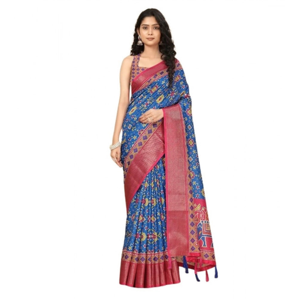 Generic Women's Cotton Silk Printed Saree With Unstitched Blouse 5.5Mtr (Blue)