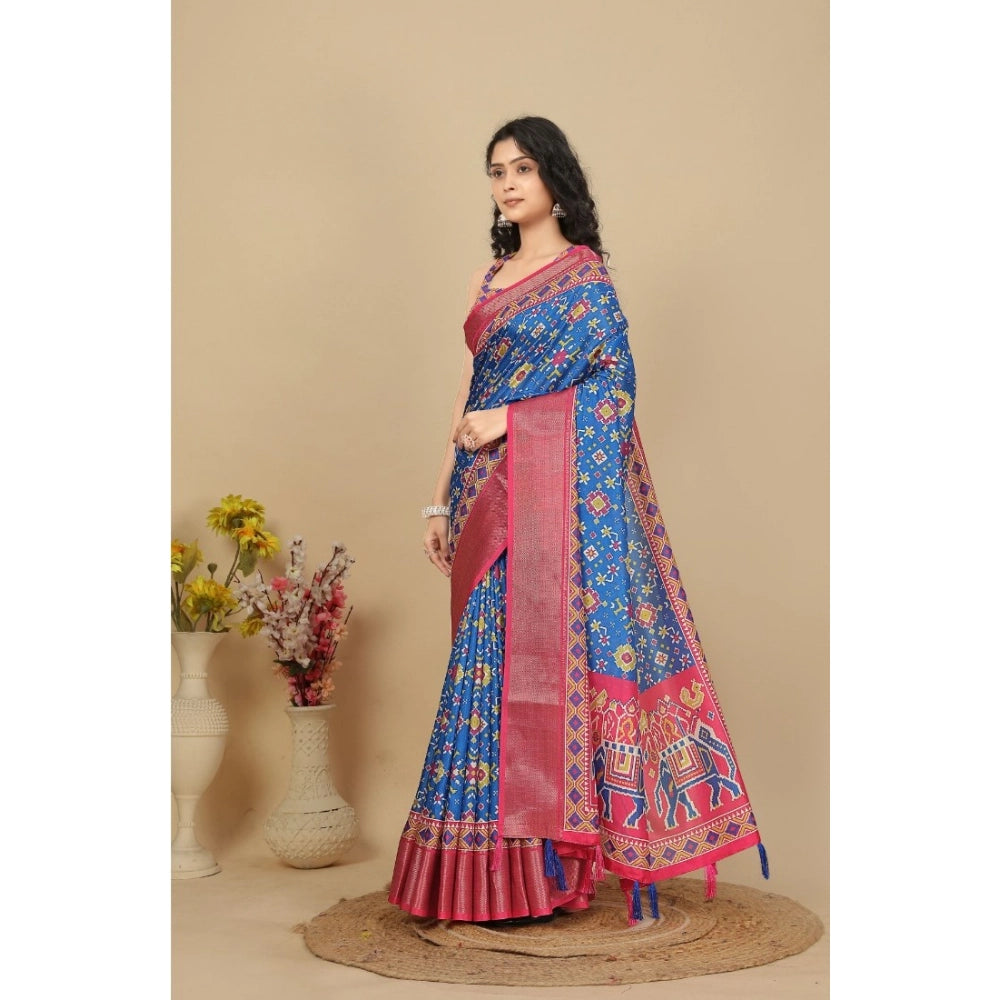 Generic Women's Cotton Silk Printed Saree With Unstitched Blouse 5.5Mtr (Blue)