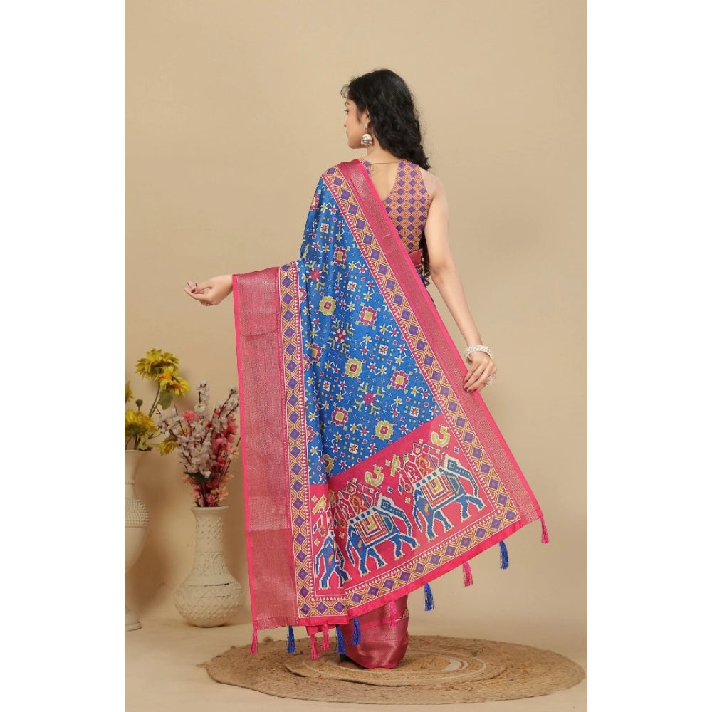 Generic Women's Cotton Silk Printed Saree With Unstitched Blouse 5.5Mtr (Blue)