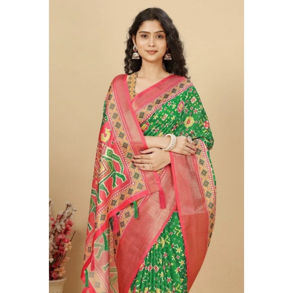 Generic Women's Cotton Silk Printed Saree With Unstitched Blouse 5.5Mtr (Green)