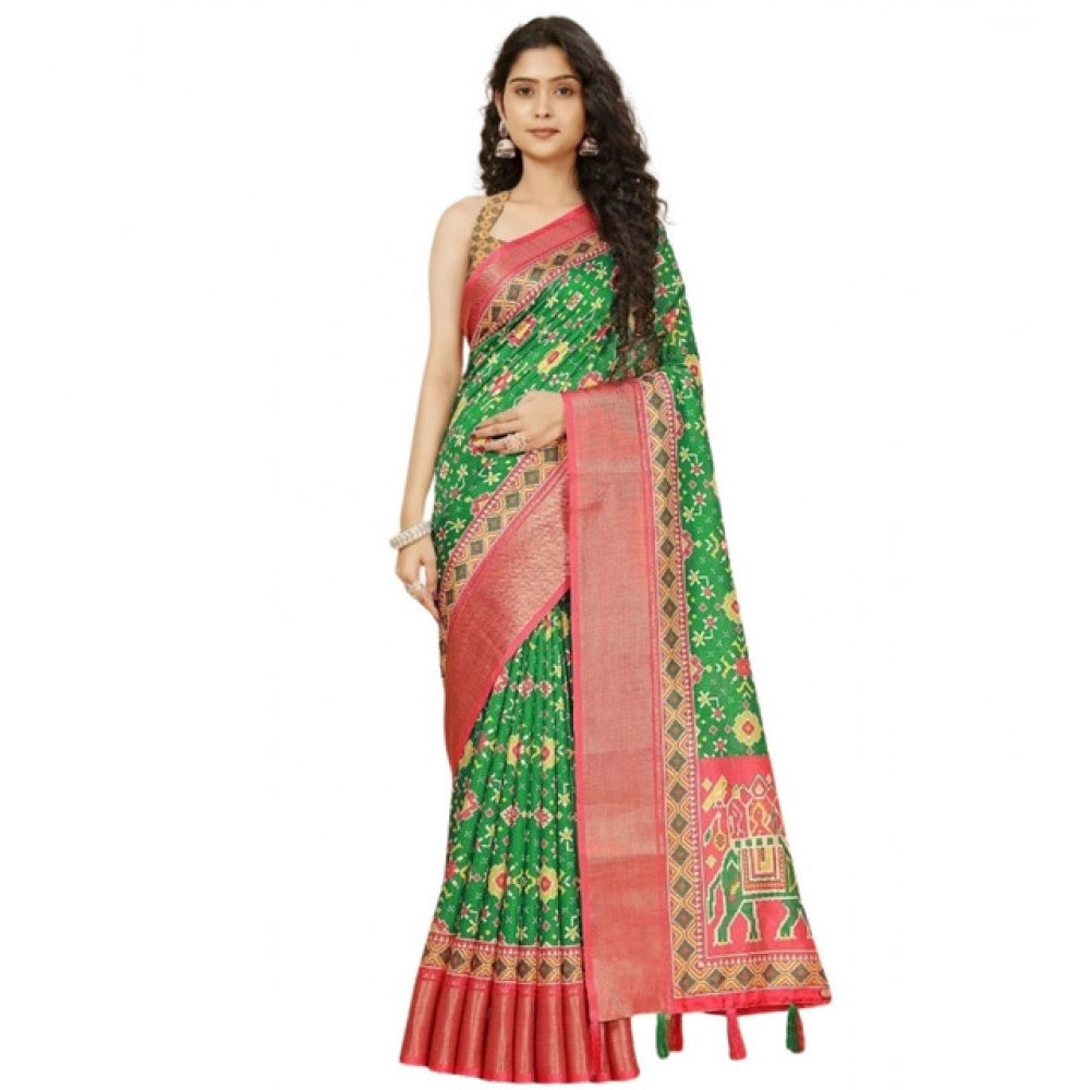 Generic Women's Cotton Silk Printed Saree With Unstitched Blouse 5.5Mtr (Green)