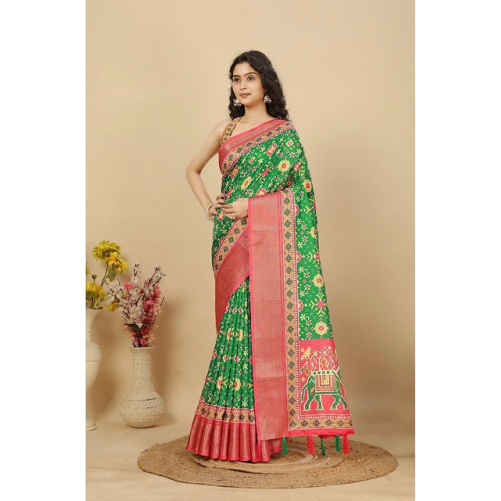 Generic Women's Cotton Silk Printed Saree With Unstitched Blouse 5.5Mtr (Green)