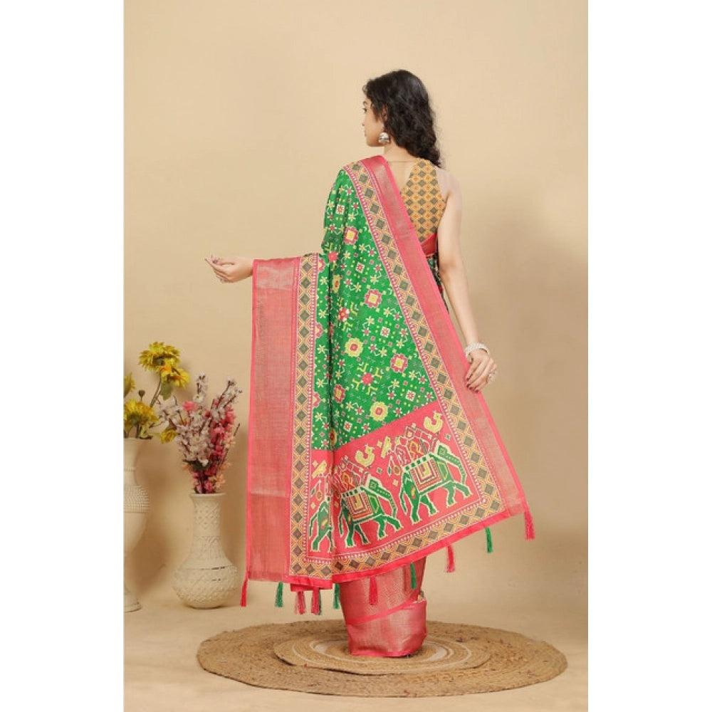 Generic Women's Cotton Silk Printed Saree With Unstitched Blouse 5.5Mtr (Green)