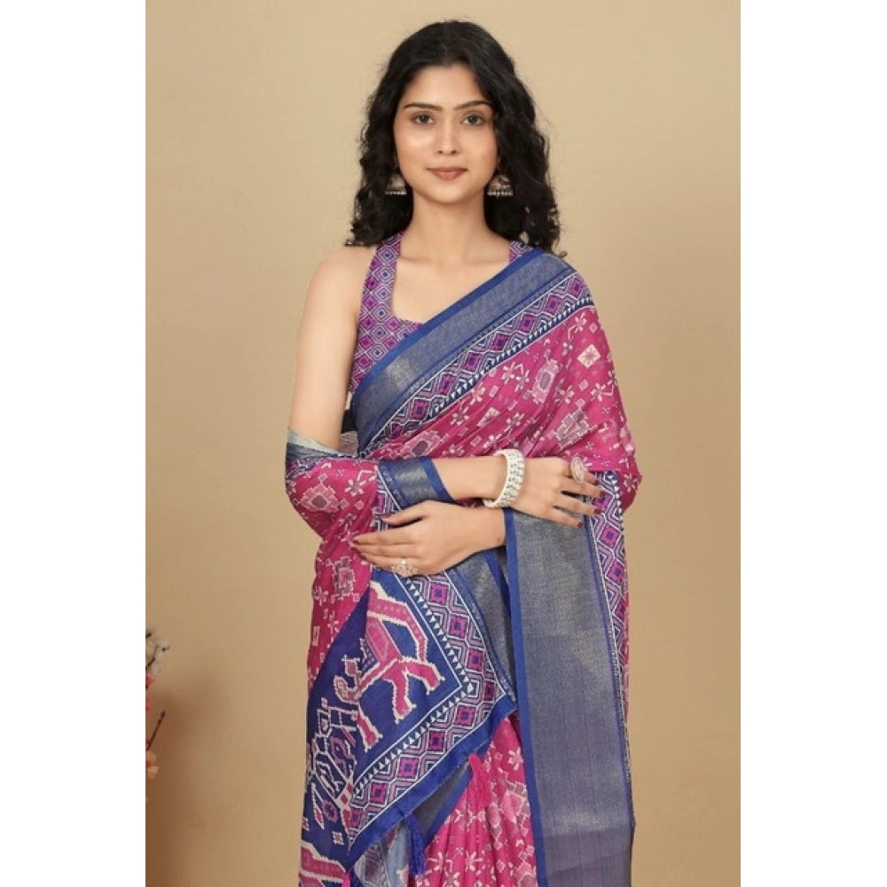 Generic Women's Cotton Silk Printed Saree With Unstitched Blouse 5.5Mtr (Pink)