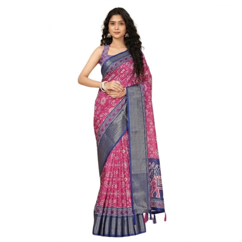 Generic Women's Cotton Silk Printed Saree With Unstitched Blouse 5.5Mtr (Pink)