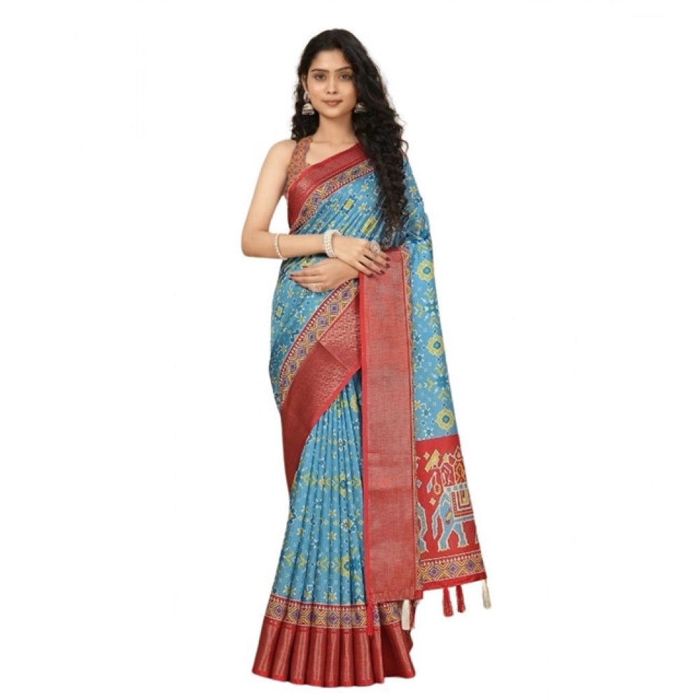 Generic Women's Cotton Silk Printed Saree With Unstitched Blouse 5.5Mtr (Rama)
