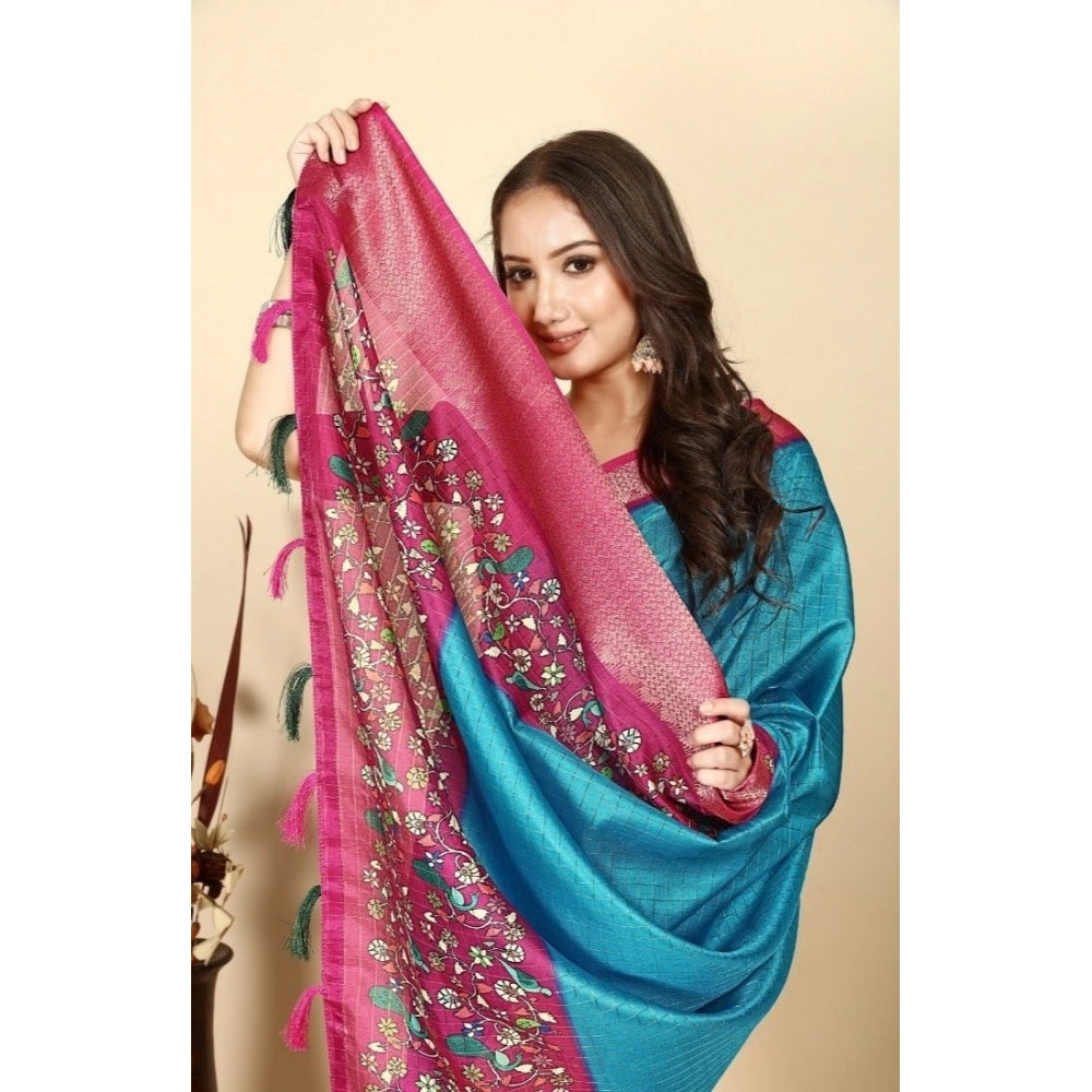 Generic Women's Cotton Silk Printed Saree With Unstitched Blouse 5.5Mtr (Blue-Pink)