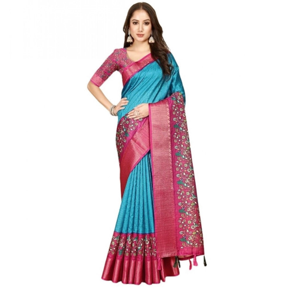 Generic Women's Cotton Silk Printed Saree With Unstitched Blouse 5.5Mtr (Blue-Pink)