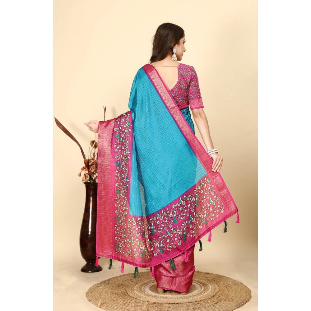 Generic Women's Cotton Silk Printed Saree With Unstitched Blouse 5.5Mtr (Blue-Pink)