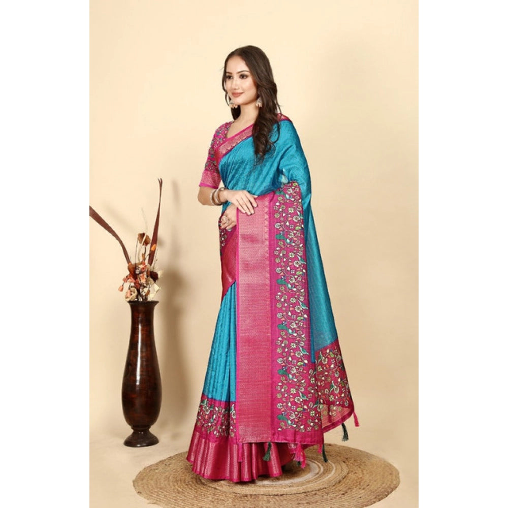 Generic Women's Cotton Silk Printed Saree With Unstitched Blouse 5.5Mtr (Blue-Pink)