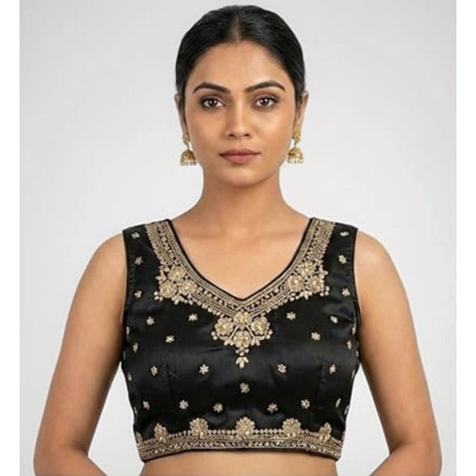 Generic Women's Silk Embroidered V-Neck Sleeveless Readymade Padded Blouse (Black, Size 38)