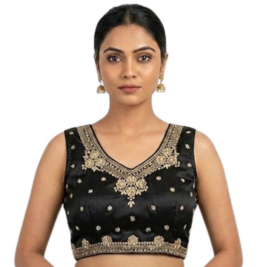 Generic Women's Silk Embroidered V-Neck Sleeveless Readymade Padded Blouse (Black, Size 38)