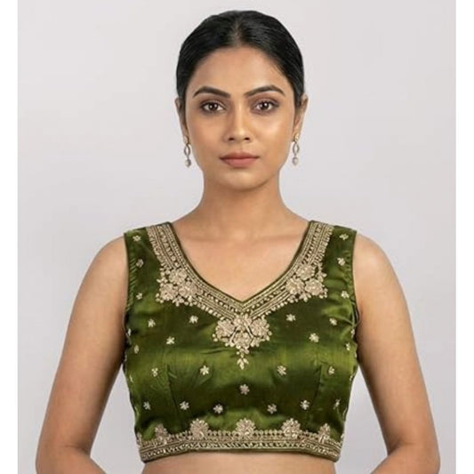 Generic Women's Silk Embroidered V-Neck Sleeveless Readymade Padded Blouse (Mahendi, Size 38)