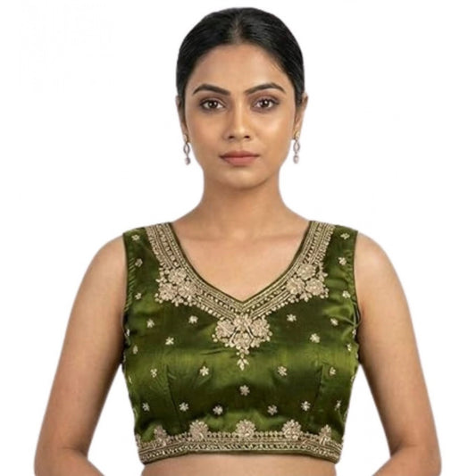 Generic Women's Silk Embroidered V-Neck Sleeveless Readymade Padded Blouse (Mahendi, Size 38)