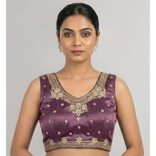 Generic Women's Silk Embroidered V-Neck Sleeveless Readymade Padded Blouse (Purple, Size 38)