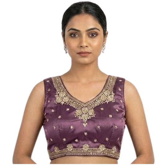 Generic Women's Silk Embroidered V-Neck Sleeveless Readymade Padded Blouse (Purple, Size 38)