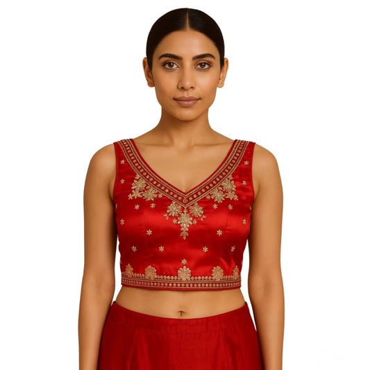 Generic Women's Silk Embroidered V-Neck Sleeveless Readymade Padded Blouse (Red, Size 38)