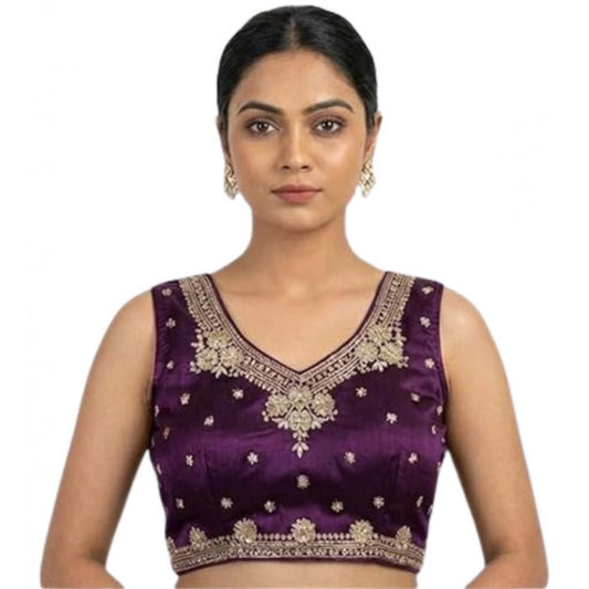 Generic Women's Silk Embroidered V-Neck Sleeveless Readymade Padded Blouse (Wine, Size 38)