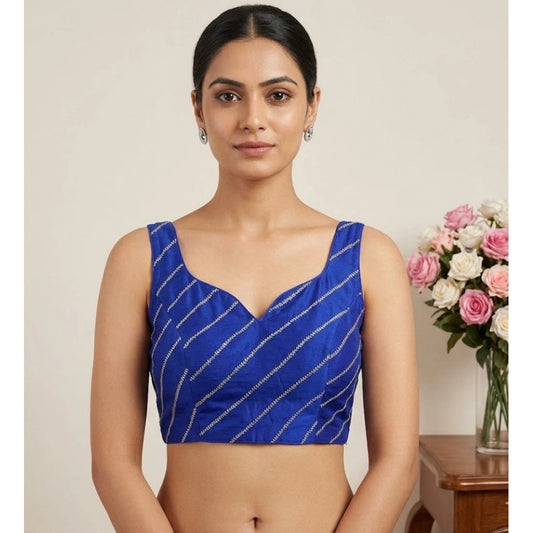 Generic Women's Silk Embellished Sweetheart Neck Sleeveless Readymade Padded Blouse (Blue, Size 38)