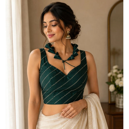 Generic Women's Silk Embellished Sweetheart Neck Sleeveless Readymade Padded Blouse (Green, Size 38)