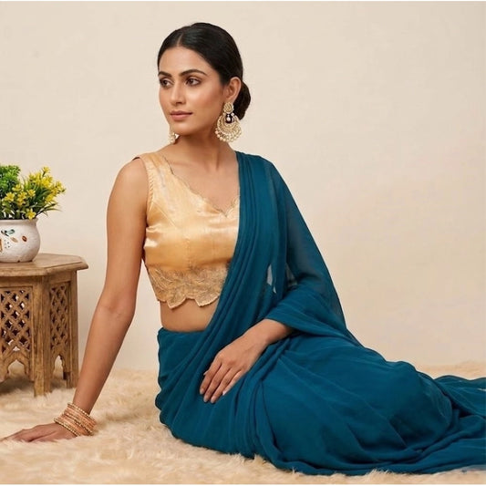 Generic Women's Silk Embroidered Sweetheart Neck Sleeveless Readymade Padded Blouse (Gold, Size 38)