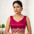 Generic Women's Silk Embroidered Sweetheart Neck Sleeveless Readymade Padded Blouse (Pink, Size 38)