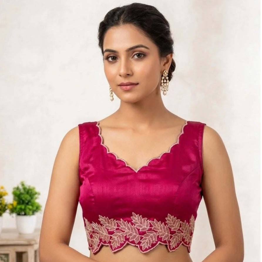 Generic Women's Silk Embroidered Sweetheart Neck Sleeveless Readymade Padded Blouse (Pink, Size 38)