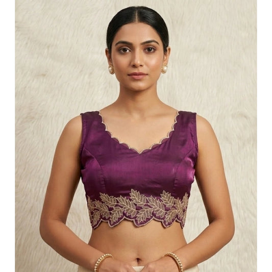 Generic Women's Silk Embroidered Sweetheart Neck Sleeveless Readymade Padded Blouse (Wine, Size 38)
