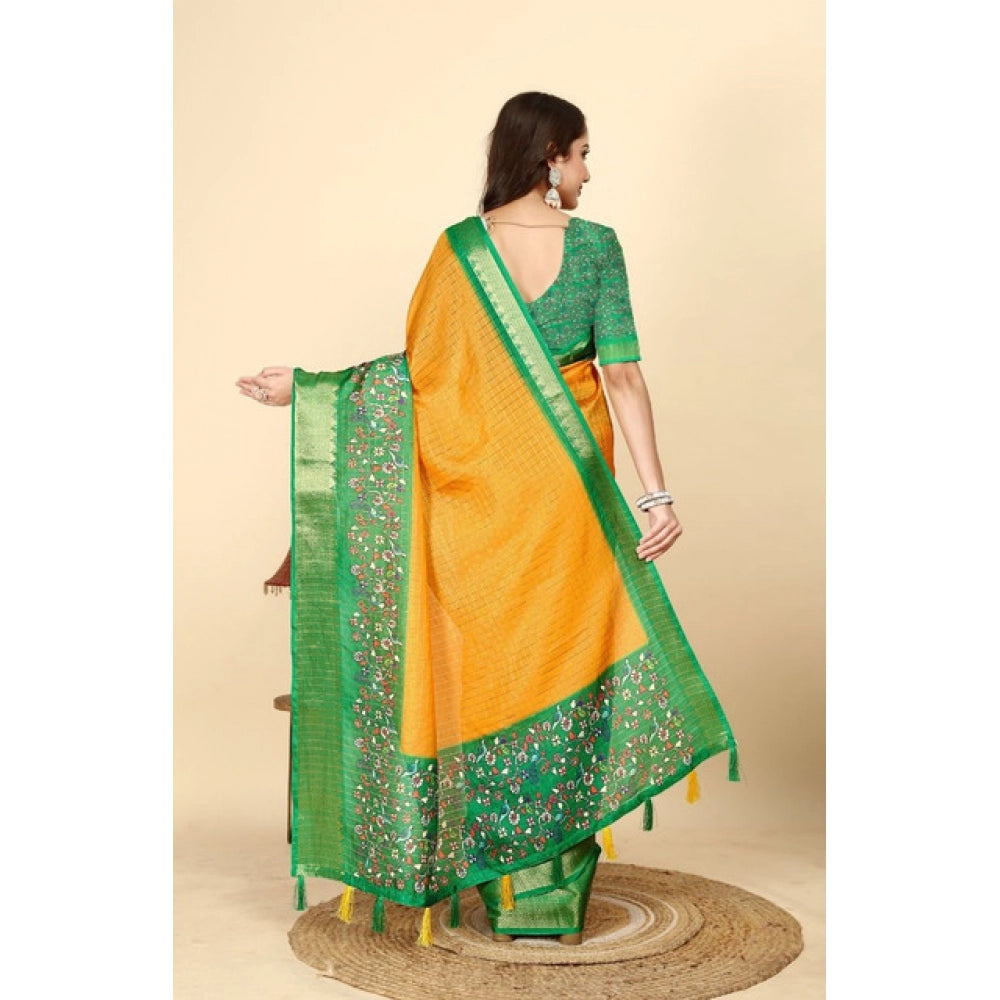 Generic Women's Cotton Silk Printed Saree With Unstitched Blouse 5.5Mtr (Yellow Green)