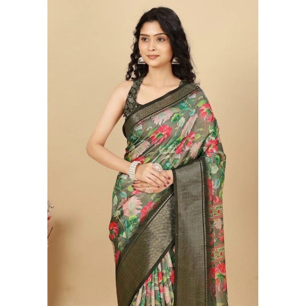 Generic Women's Cotton Silk Floral Printed Saree With Unstitched Blouse 5.5Mtr (Grey)