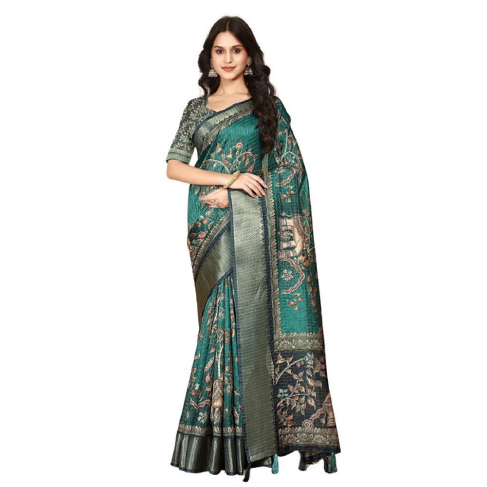 Generic Women's Cotton Silk Printed Saree With Unstitched Blouse 5.5Mtr (Teal)