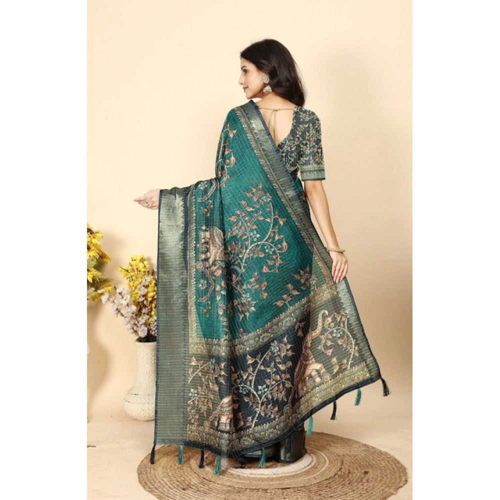 Generic Women's Cotton Silk Printed Saree With Unstitched Blouse 5.5Mtr (Teal)