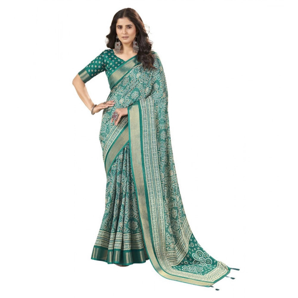 Generic Women's Cotton Silk Floral Printed Saree With Unstitched Blouse 5.5Mtr (Teal)