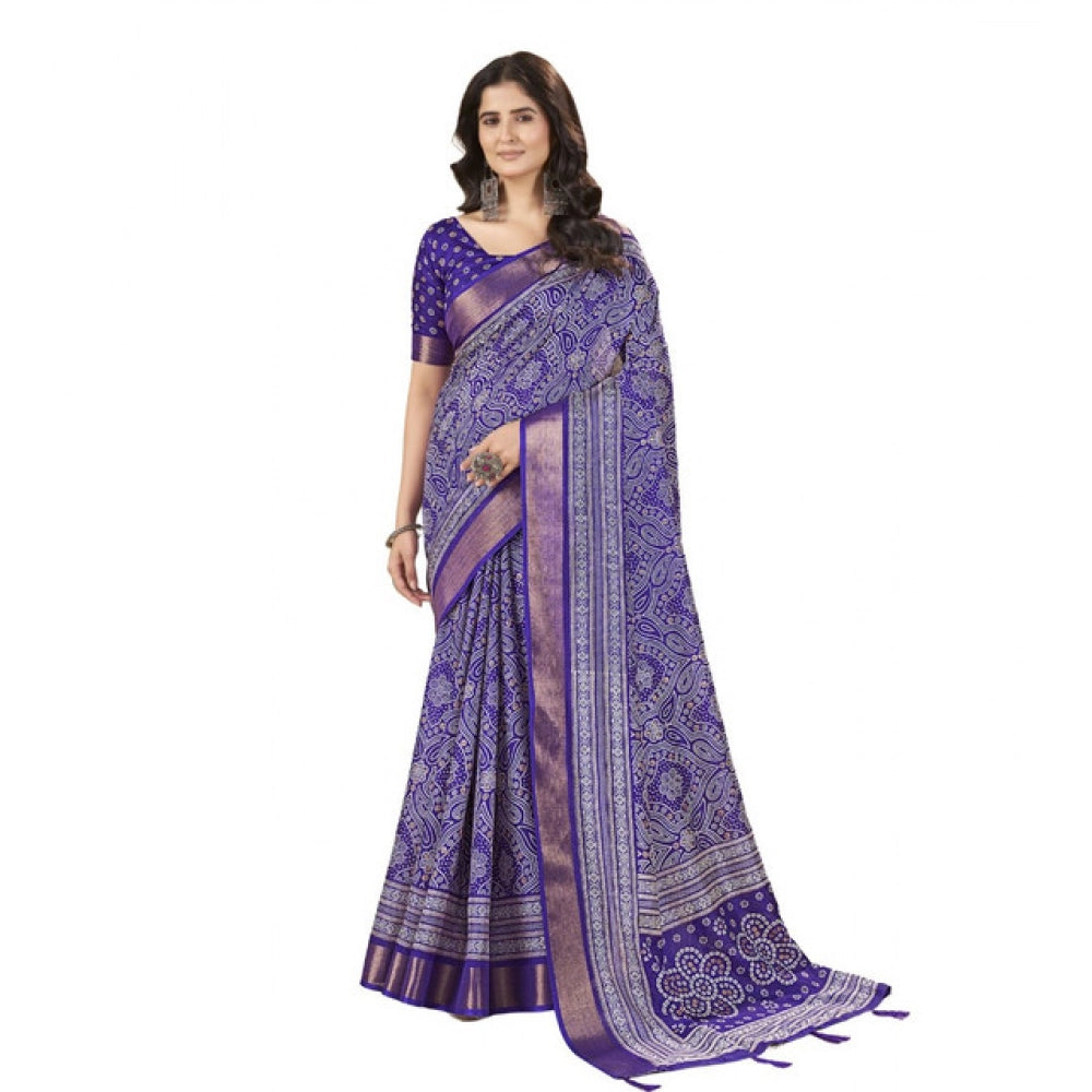 Generic Women's Cotton Silk Floral Printed Saree With Unstitched Blouse 5.5Mtr (Royal Blue)