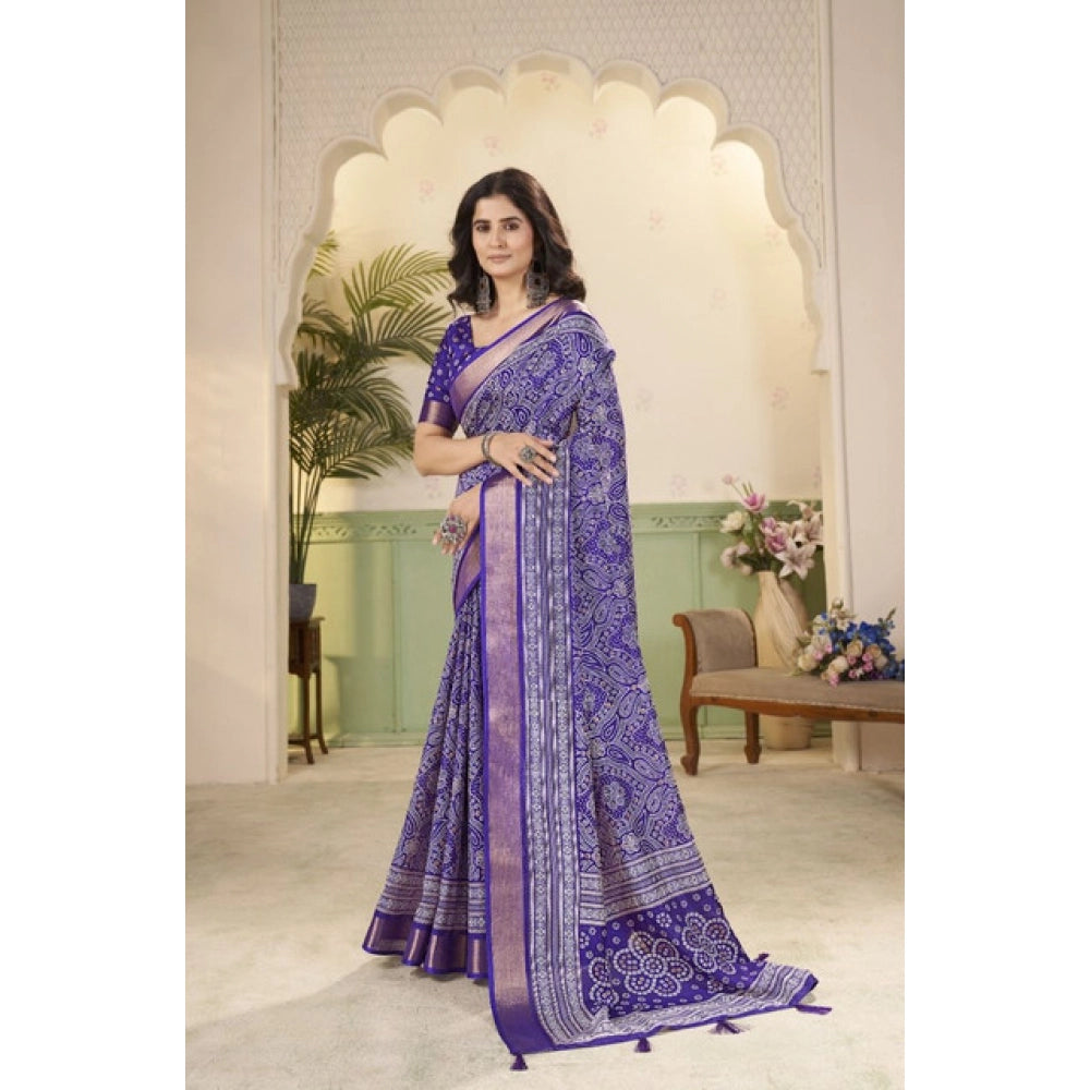Generic Women's Cotton Silk Floral Printed Saree With Unstitched Blouse 5.5Mtr (Royal Blue)
