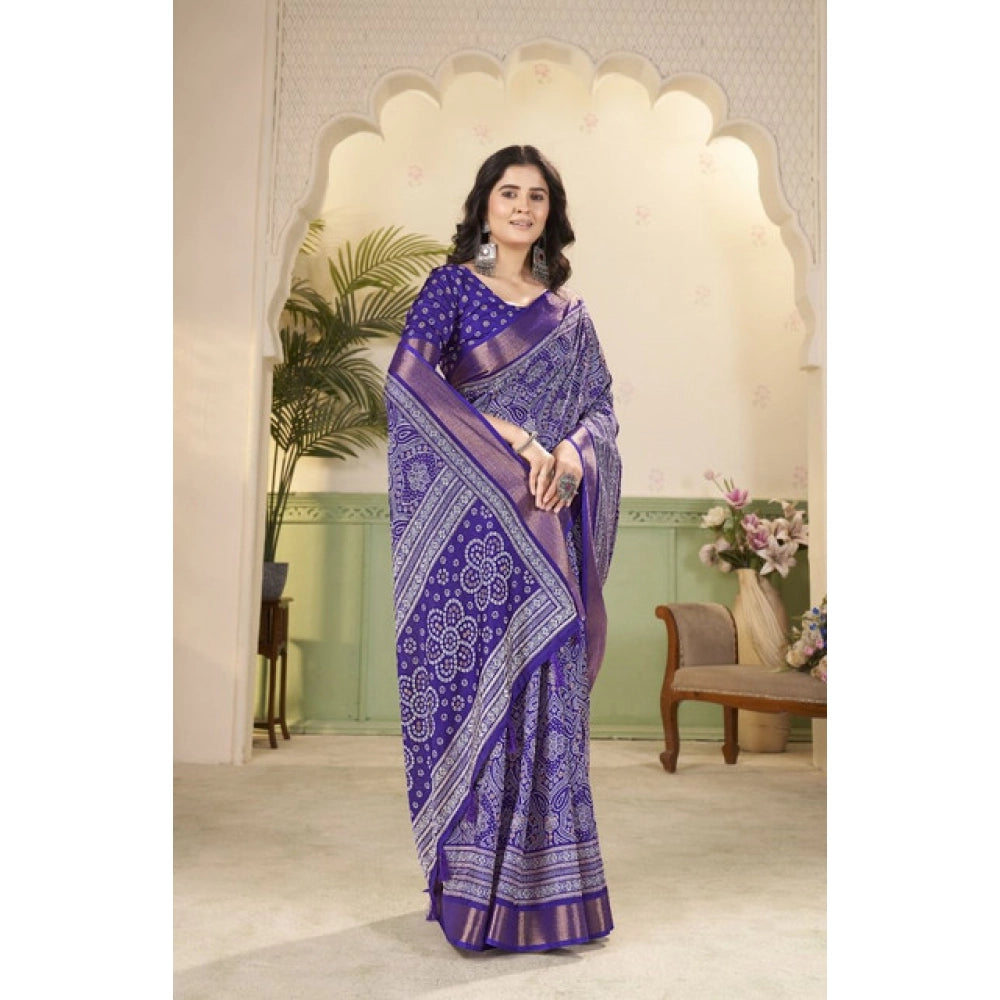 Generic Women's Cotton Silk Floral Printed Saree With Unstitched Blouse 5.5Mtr (Royal Blue)