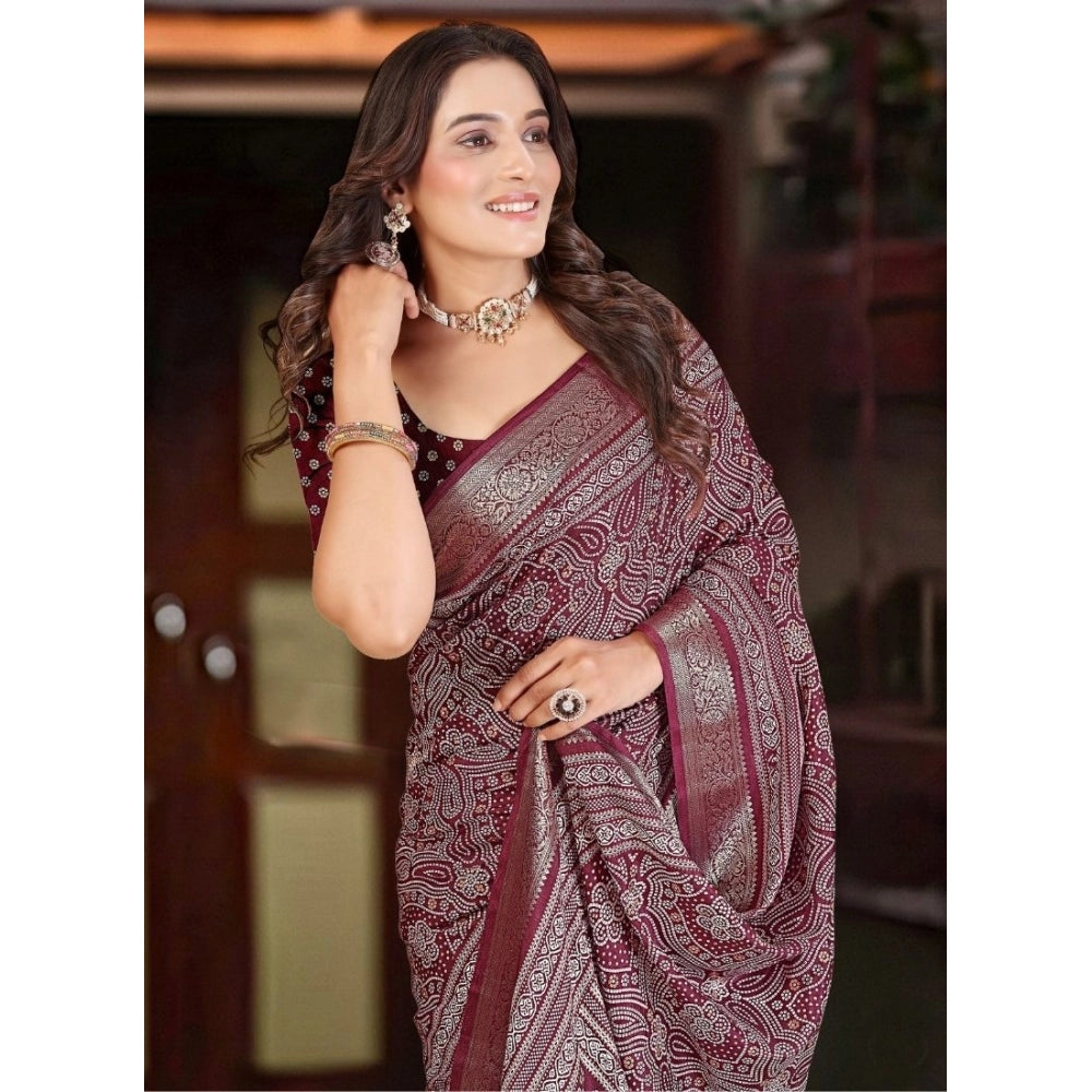 Generic Women's Cotton Silk Floral Printed Saree With Unstitched Blouse 5.5Mtr (Maroon)