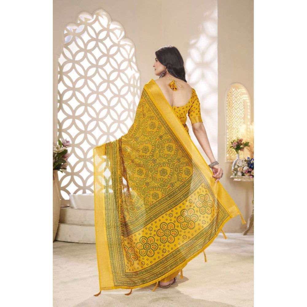 Generic Women's Cotton Silk Floral Printed Saree With Unstitched Blouse 5.5Mtr (Yellow)