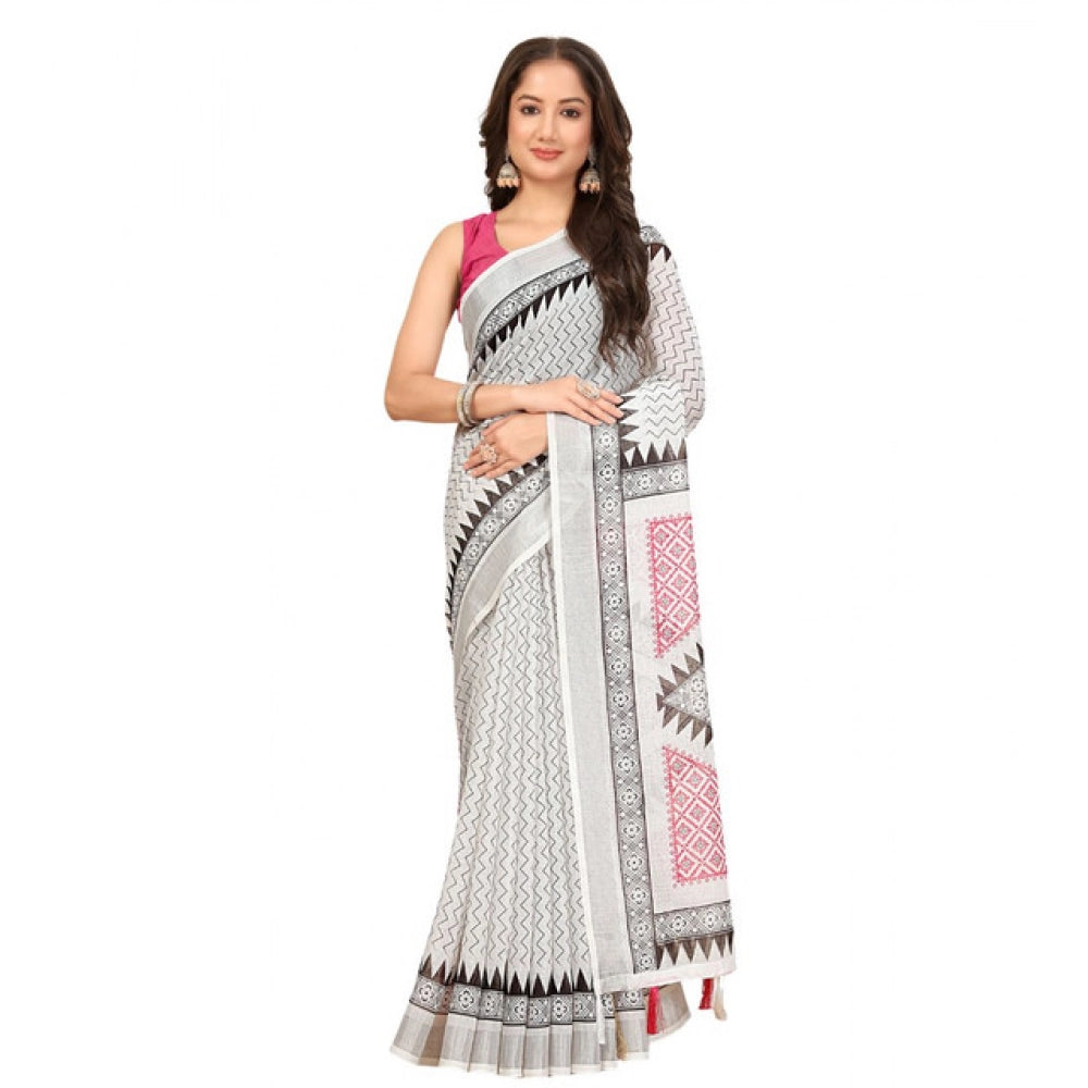 Generic Women's Linen Printed Saree With Unstitched Blouse 5.5Mtr (Multicolor)