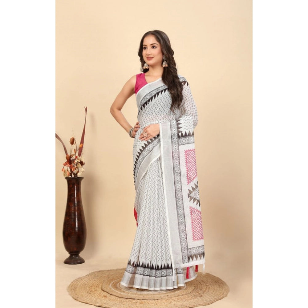 Generic Women's Linen Printed Saree With Unstitched Blouse 5.5Mtr (Multicolor)