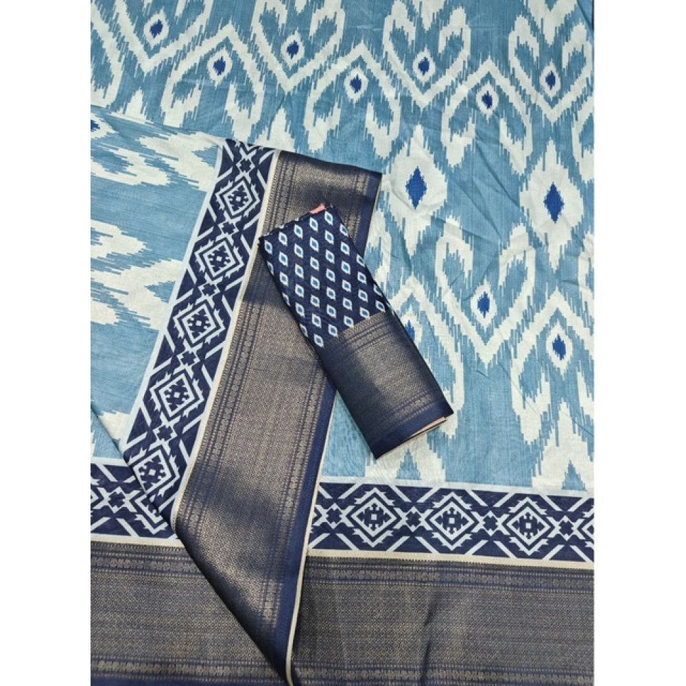 Generic Women's Cotton Silk Printed Saree With Unstitched Blouse 5.5Mtr (Blue)