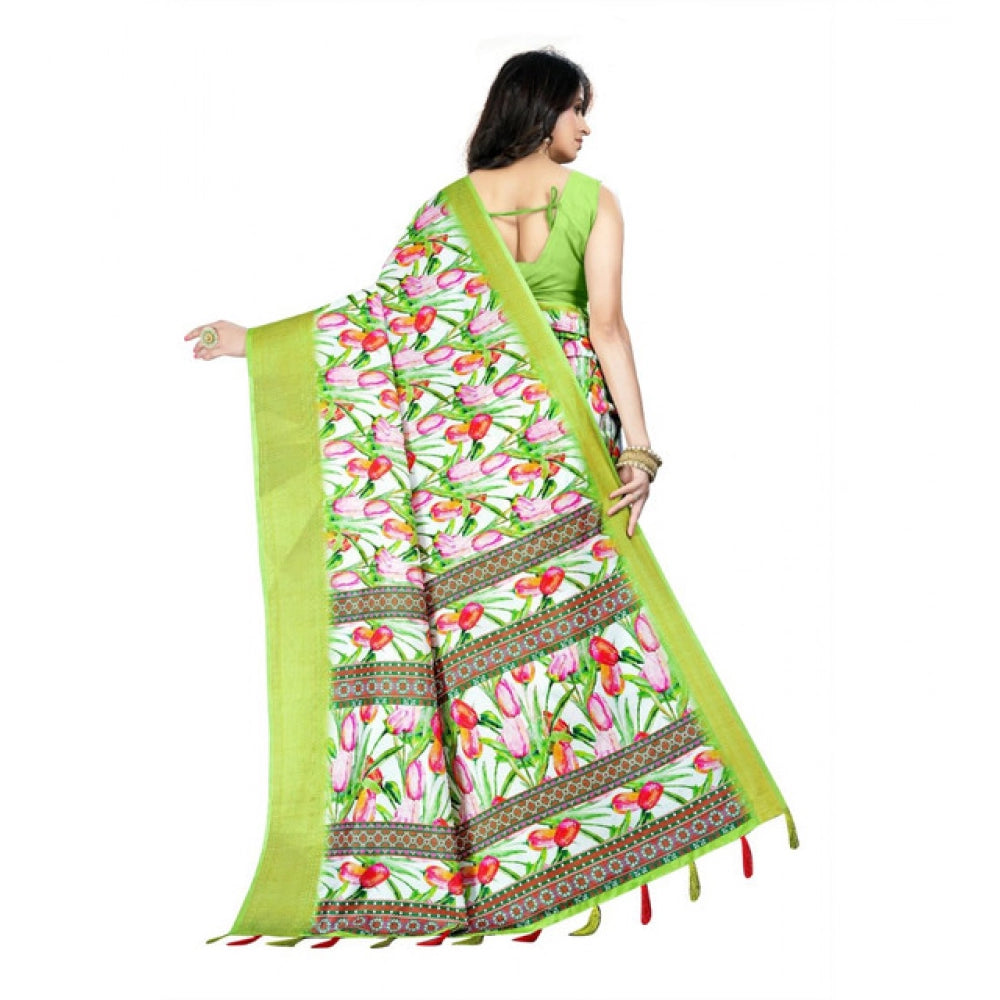 Generic Women's Cotton Silk Floral Printed Saree With Unstitched Blouse 5.5Mtr (Green-White)