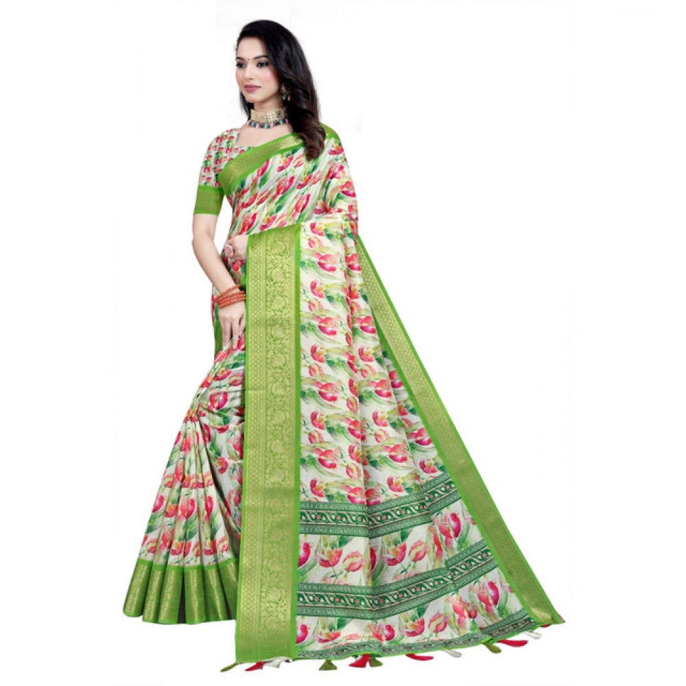 Generic Women's Cotton Silk Floral Printed Saree With Unstitched Blouse 5.5Mtr (Green-White)