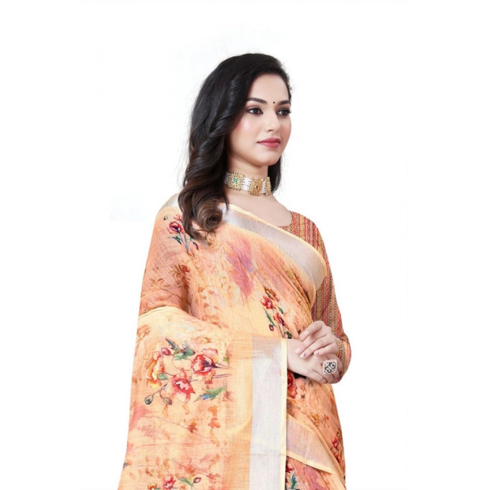 Generic Women's Cotton Silk Floral Printed Saree With Unstitched Blouse 5.5Mtr (Peach)