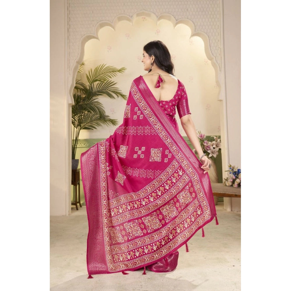 Generic Women's Cotton Silk Printed Saree With Unstitched Blouse 5.5Mtr (Pink)