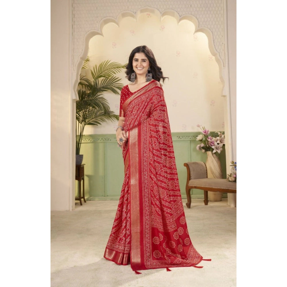 Generic Women's Cotton Silk Printed Saree With Unstitched Blouse 5.5Mtr (Red)